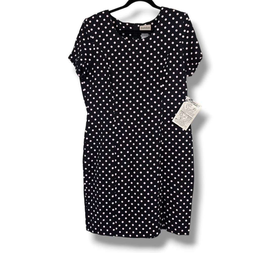 Jennifer James Vintage Polka Dot Sheath Dress Black White Short Sleeve Size 14